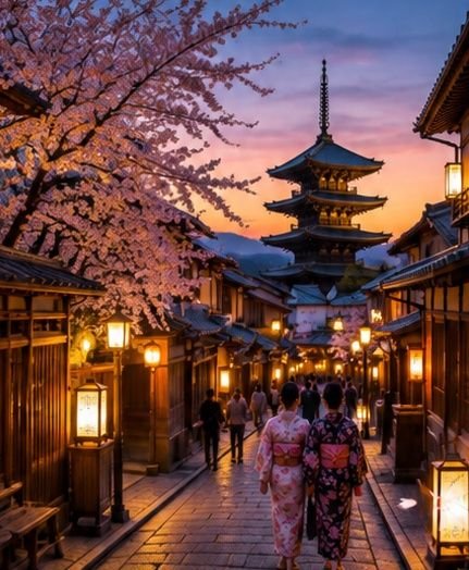 A lantern-lit Gion lane with a pagoda, Kyoto