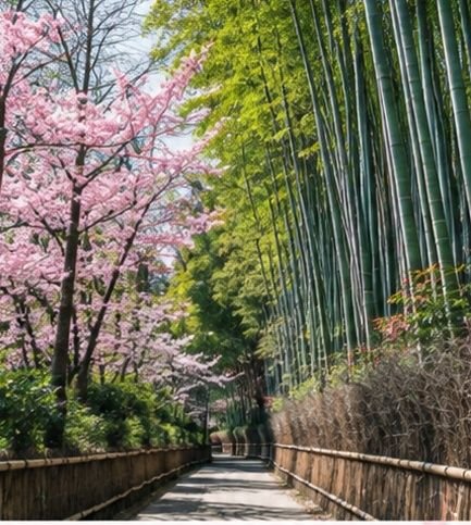 Arashiyama bamboo grove path with blossoms